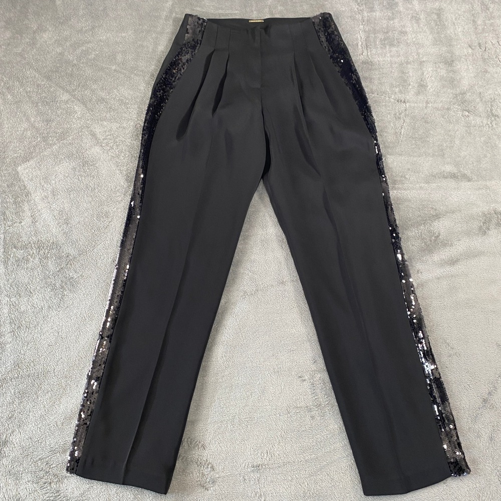 Elie Tahari Dress Pants Womens 6 Black Sequin Tuxedo Stripe Pleated High Rise
